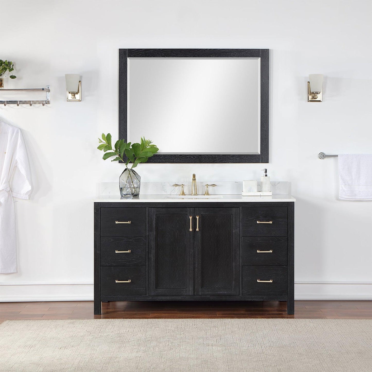 Altair Hadiya 60" Single Black Oak Freestanding Bathroom Vanity Set With Mirror, Elegant Aosta White Composite Stone Top, Rectangular Undermount Ceramic Sink, Overflow, and Backsplash