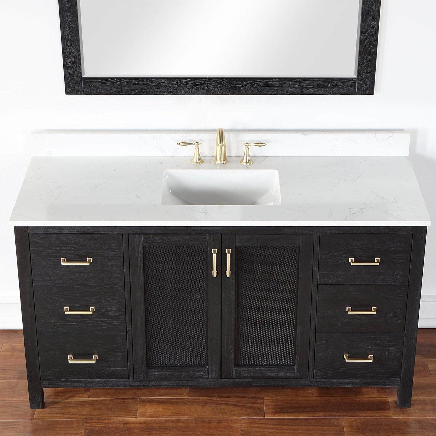 Altair Hadiya 60" Single Black Oak Freestanding Bathroom Vanity Set With Mirror, Elegant Aosta White Composite Stone Top, Rectangular Undermount Ceramic Sink, Overflow, and Backsplash