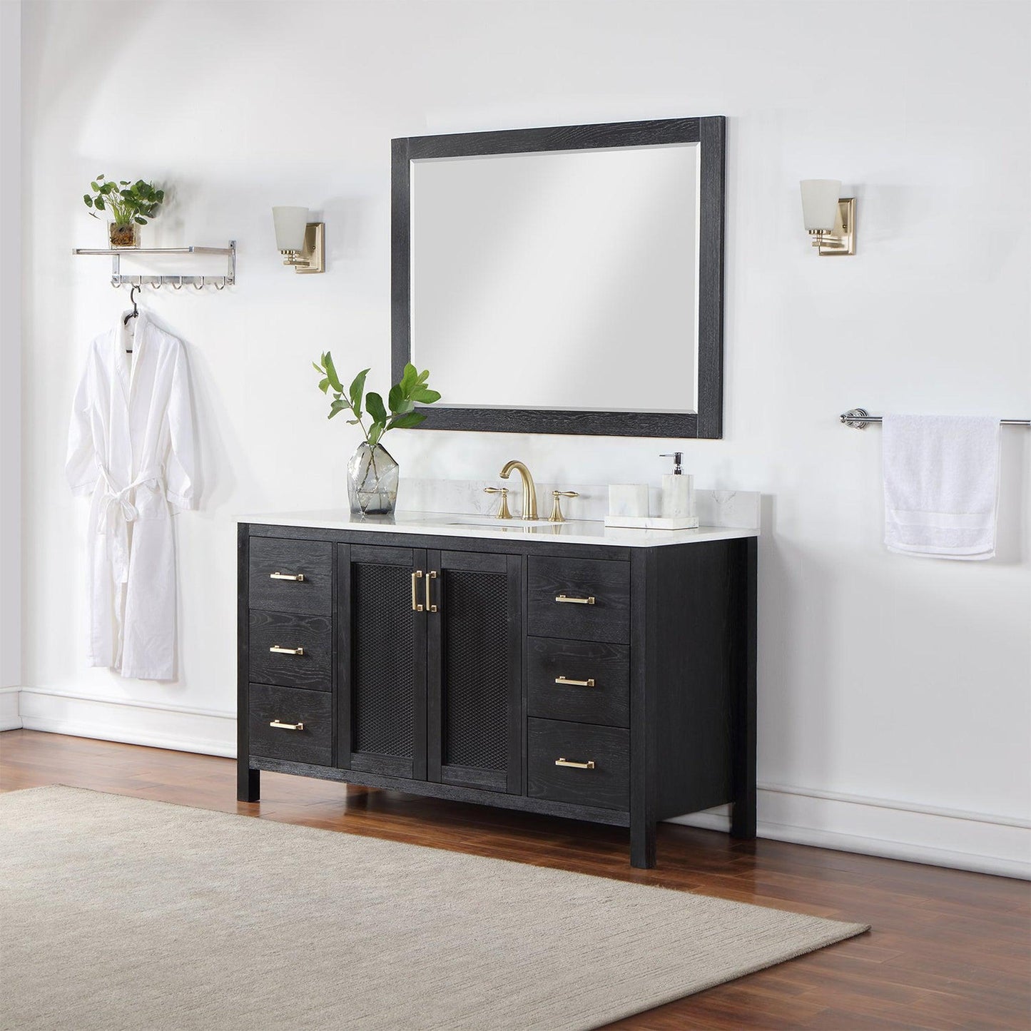 Altair Hadiya 60" Single Black Oak Freestanding Bathroom Vanity Set With Mirror, Elegant Aosta White Composite Stone Top, Rectangular Undermount Ceramic Sink, Overflow, and Backsplash