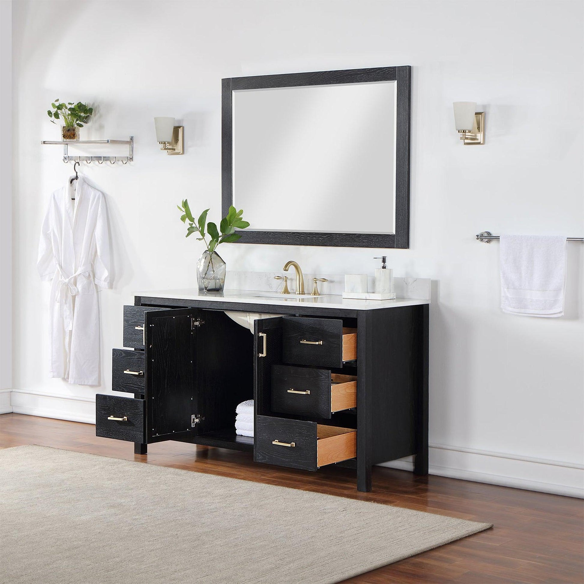 Altair Hadiya 60" Single Black Oak Freestanding Bathroom Vanity Set With Mirror, Elegant Aosta White Composite Stone Top, Rectangular Undermount Ceramic Sink, Overflow, and Backsplash