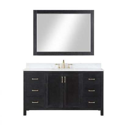 Altair Hadiya 60" Single Black Oak Freestanding Bathroom Vanity Set With Mirror, Elegant Aosta White Composite Stone Top, Rectangular Undermount Ceramic Sink, Overflow, and Backsplash