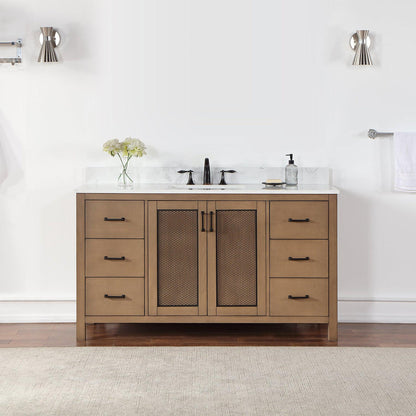 Altair Hadiya 60" Single Brown Pine Freestanding Bathroom Vanity Set With Elegant Aosta White Composite Stone Top, Rectangular Undermount Ceramic Sink, Overflow, and Backsplash