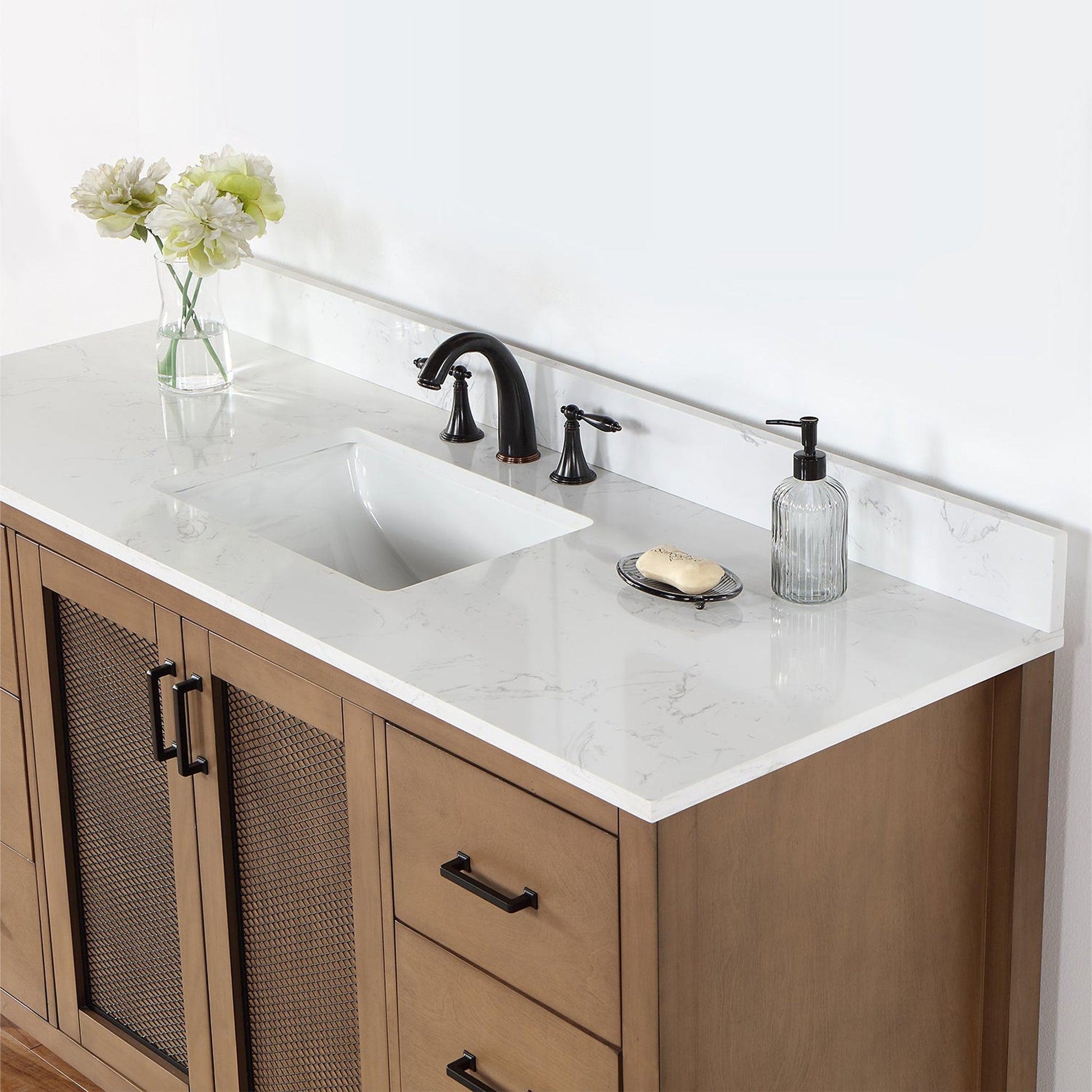 Altair Hadiya 60" Single Brown Pine Freestanding Bathroom Vanity Set With Elegant Aosta White Composite Stone Top, Rectangular Undermount Ceramic Sink, Overflow, and Backsplash