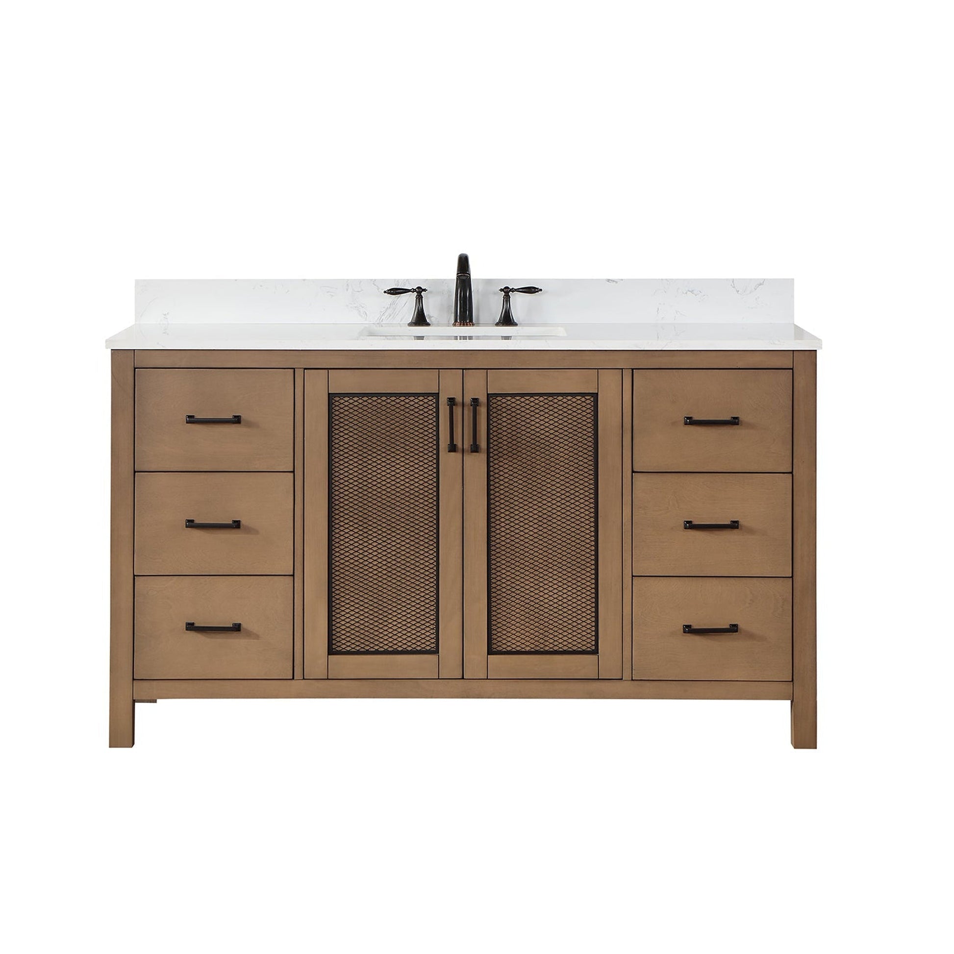 Altair Hadiya 60" Single Brown Pine Freestanding Bathroom Vanity Set With Elegant Aosta White Composite Stone Top, Rectangular Undermount Ceramic Sink, Overflow, and Backsplash