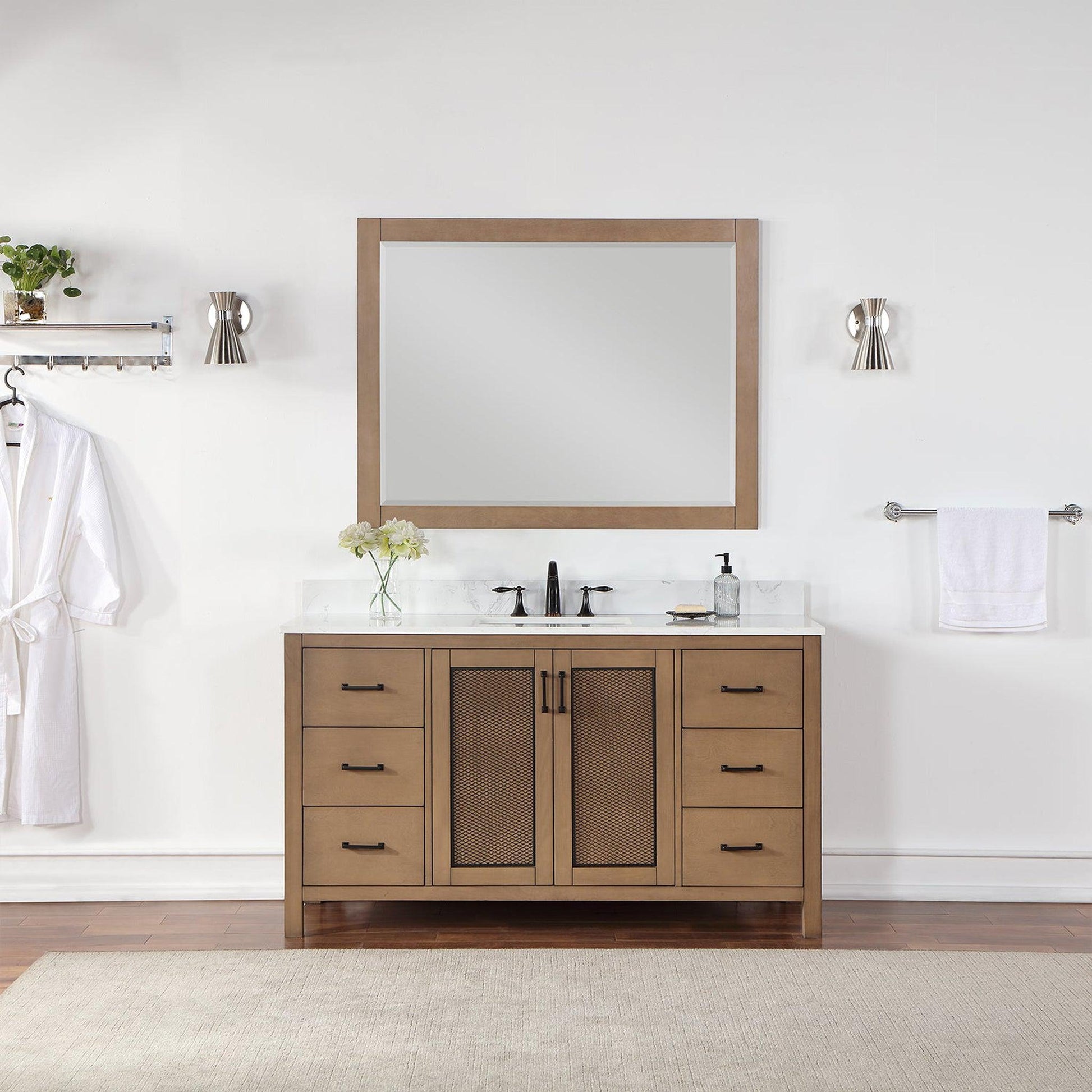 Altair Hadiya 60" Single Brown Pine Freestanding Bathroom Vanity Set With Mirror, Elegant Aosta White Composite Stone Top, Rectangular Undermount Ceramic Sink, Overflow, and Backsplash