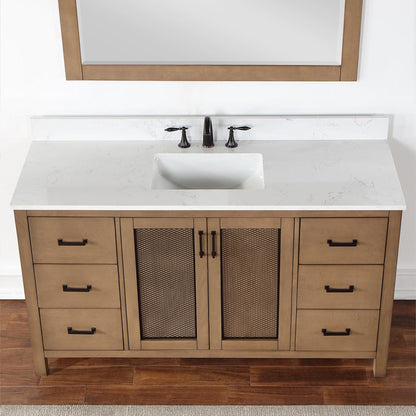 Altair Hadiya 60" Single Brown Pine Freestanding Bathroom Vanity Set With Mirror, Elegant Aosta White Composite Stone Top, Rectangular Undermount Ceramic Sink, Overflow, and Backsplash