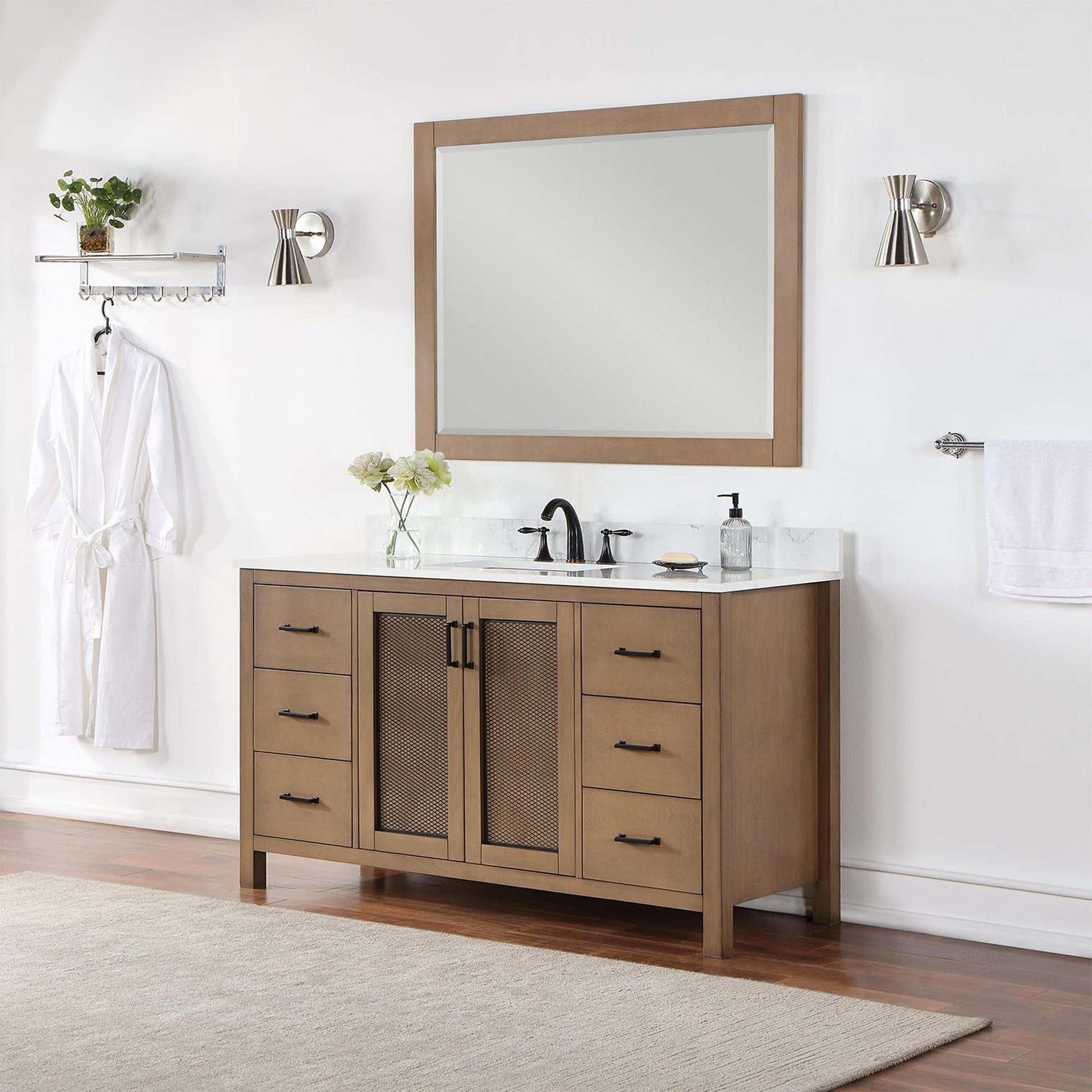 Altair Hadiya 60" Single Brown Pine Freestanding Bathroom Vanity Set With Mirror, Elegant Aosta White Composite Stone Top, Rectangular Undermount Ceramic Sink, Overflow, and Backsplash