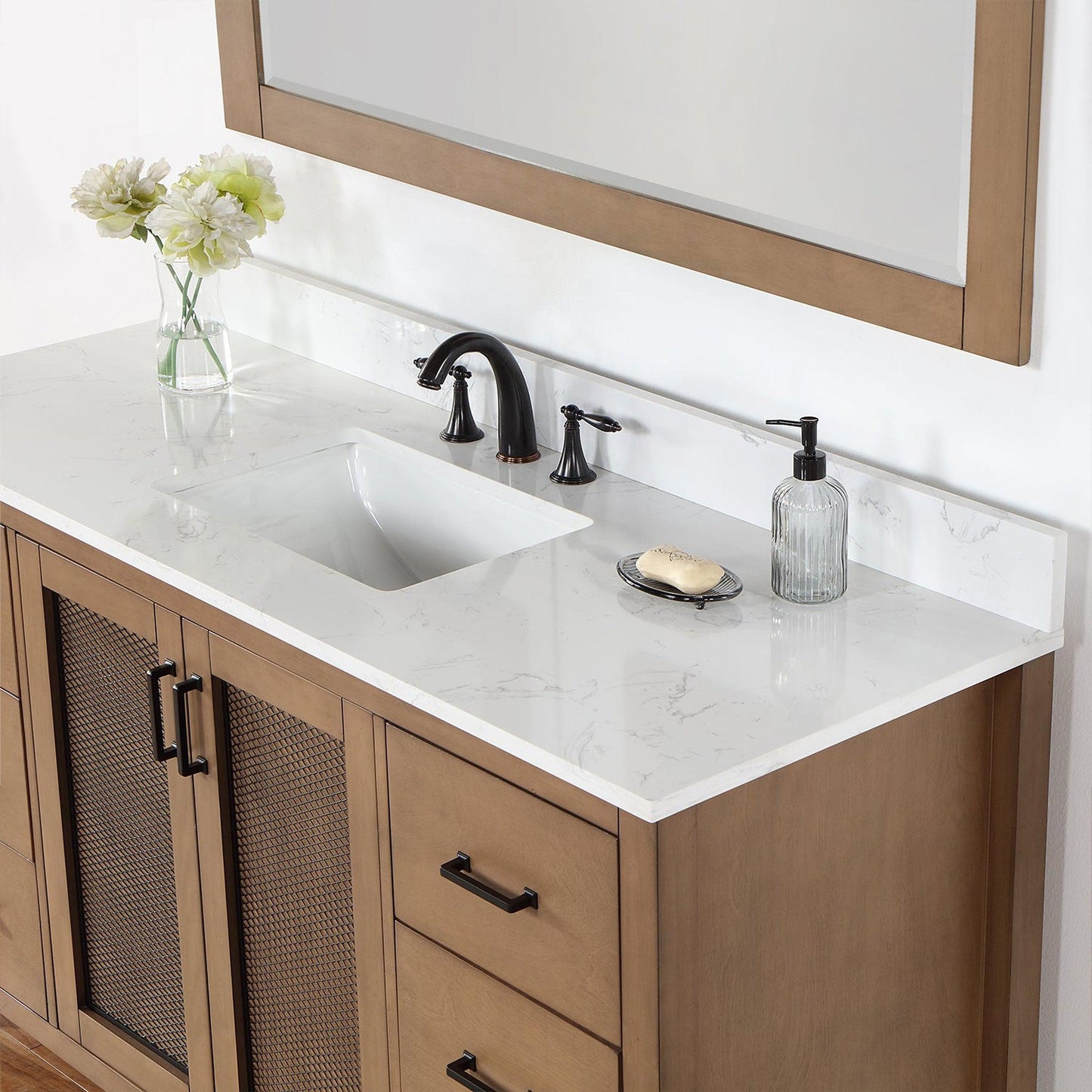 Altair Hadiya 60" Single Brown Pine Freestanding Bathroom Vanity Set With Mirror, Elegant Aosta White Composite Stone Top, Rectangular Undermount Ceramic Sink, Overflow, and Backsplash