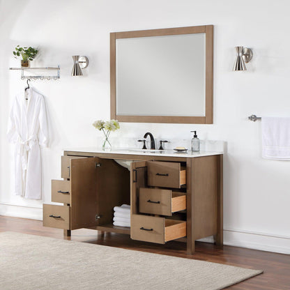 Altair Hadiya 60" Single Brown Pine Freestanding Bathroom Vanity Set With Mirror, Elegant Aosta White Composite Stone Top, Rectangular Undermount Ceramic Sink, Overflow, and Backsplash