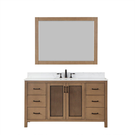 Altair Hadiya 60" Single Brown Pine Freestanding Bathroom Vanity Set With Mirror, Elegant Aosta White Composite Stone Top, Rectangular Undermount Ceramic Sink, Overflow, and Backsplash