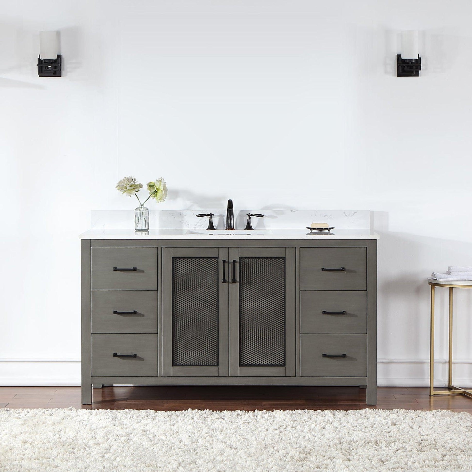 Altair Hadiya 60" Single Gray Pine Freestanding Bathroom Vanity Set With Elegant Aosta White Composite Stone Top, Rectangular Undermount Ceramic Sink, Overflow, and Backsplash