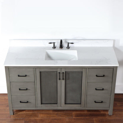 Altair Hadiya 60" Single Gray Pine Freestanding Bathroom Vanity Set With Elegant Aosta White Composite Stone Top, Rectangular Undermount Ceramic Sink, Overflow, and Backsplash