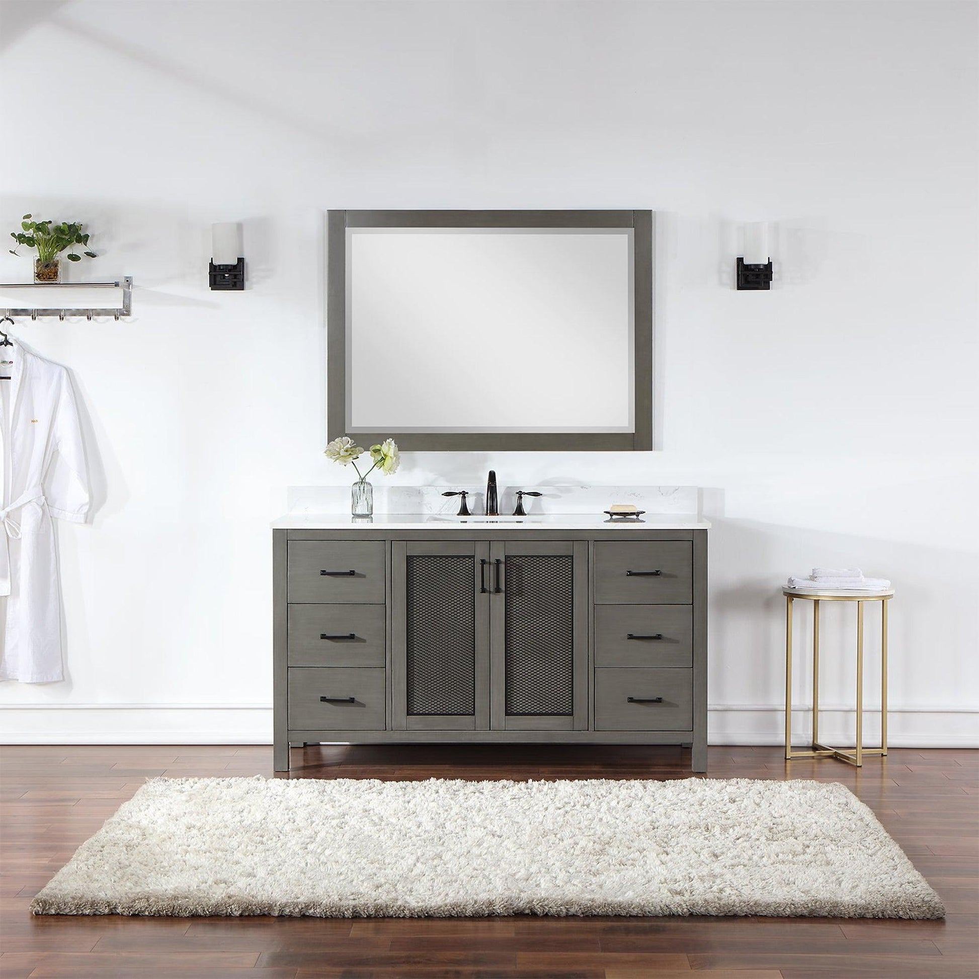 Altair Hadiya 60" Single Gray Pine Freestanding Bathroom Vanity Set With Mirror, Elegant Aosta White Composite Stone Top, Rectangular Undermount Ceramic Sink, Overflow, and Backsplash