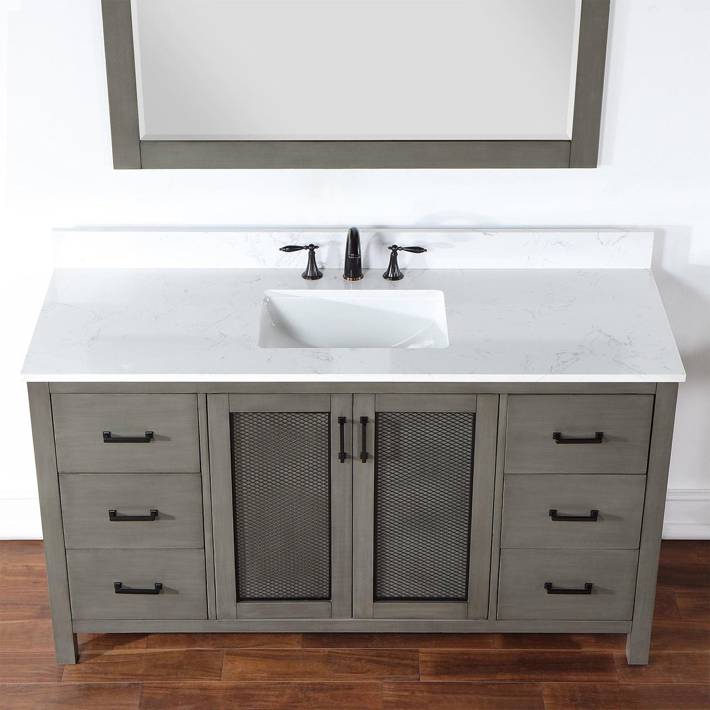 Altair Hadiya 60" Single Gray Pine Freestanding Bathroom Vanity Set With Mirror, Elegant Aosta White Composite Stone Top, Rectangular Undermount Ceramic Sink, Overflow, and Backsplash