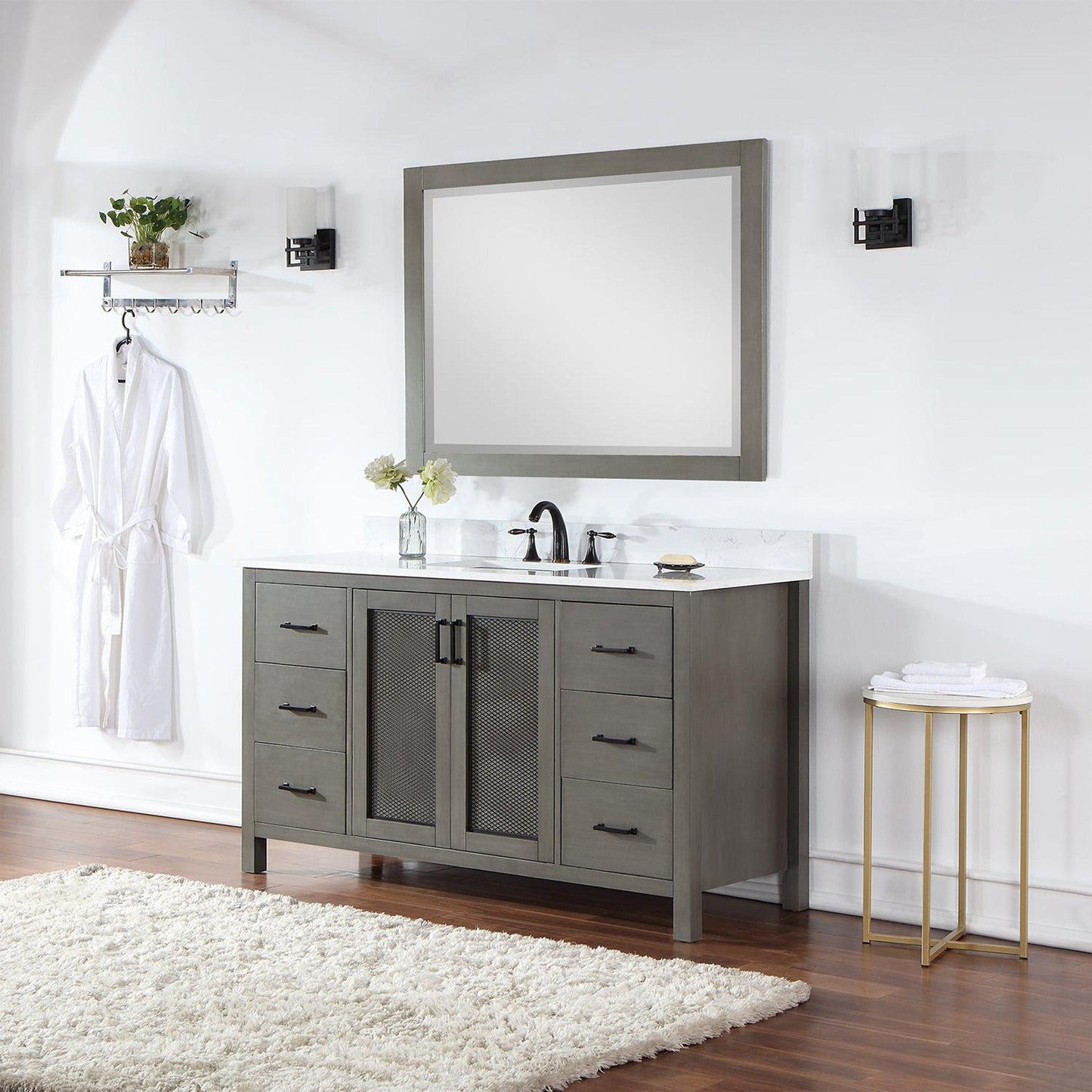 Altair Hadiya 60" Single Gray Pine Freestanding Bathroom Vanity Set With Mirror, Elegant Aosta White Composite Stone Top, Rectangular Undermount Ceramic Sink, Overflow, and Backsplash