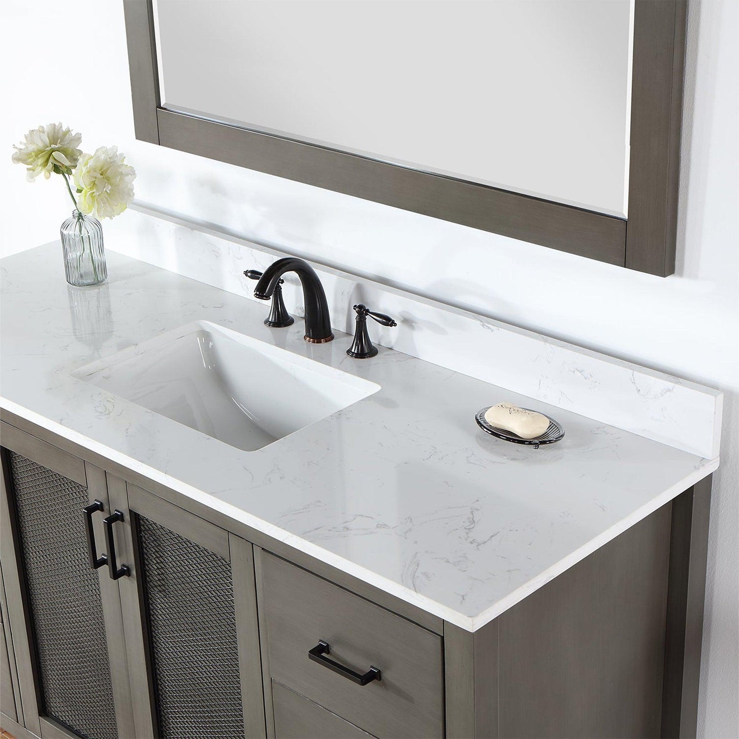 Altair Hadiya 60" Single Gray Pine Freestanding Bathroom Vanity Set With Mirror, Elegant Aosta White Composite Stone Top, Rectangular Undermount Ceramic Sink, Overflow, and Backsplash