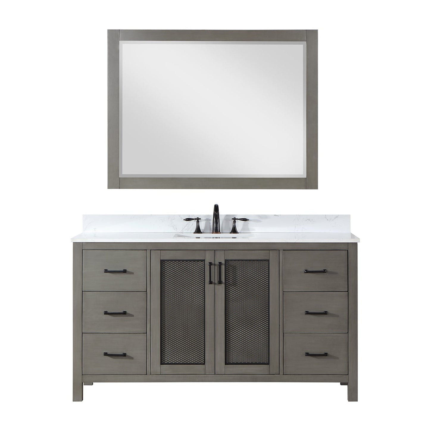 Altair Hadiya 60" Single Gray Pine Freestanding Bathroom Vanity Set With Mirror, Elegant Aosta White Composite Stone Top, Rectangular Undermount Ceramic Sink, Overflow, and Backsplash