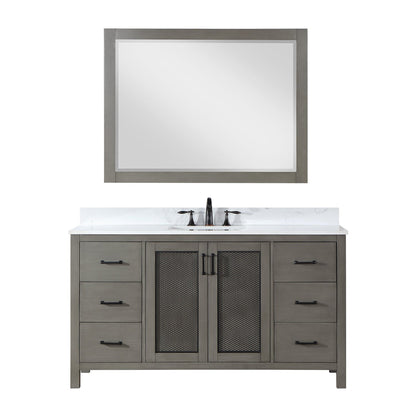 Altair Hadiya 60" Single Gray Pine Freestanding Bathroom Vanity Set With Mirror, Elegant Aosta White Composite Stone Top, Rectangular Undermount Ceramic Sink, Overflow, and Backsplash