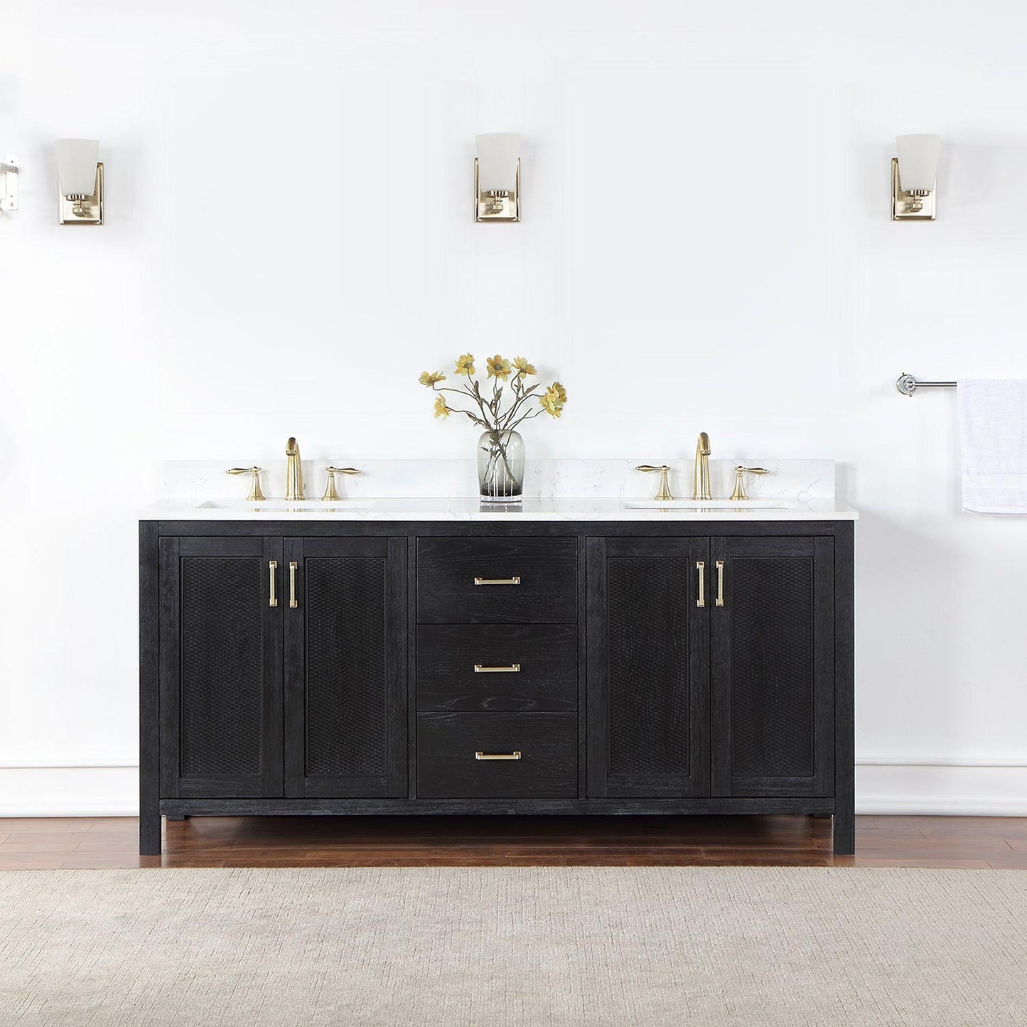 Altair Hadiya 72" Double Black Oak Freestanding Bathroom Vanity Set With Elegant Aosta White Composite Stone Top, Two Rectangular Undermount Ceramic Sinks, Overflow, and Backsplash