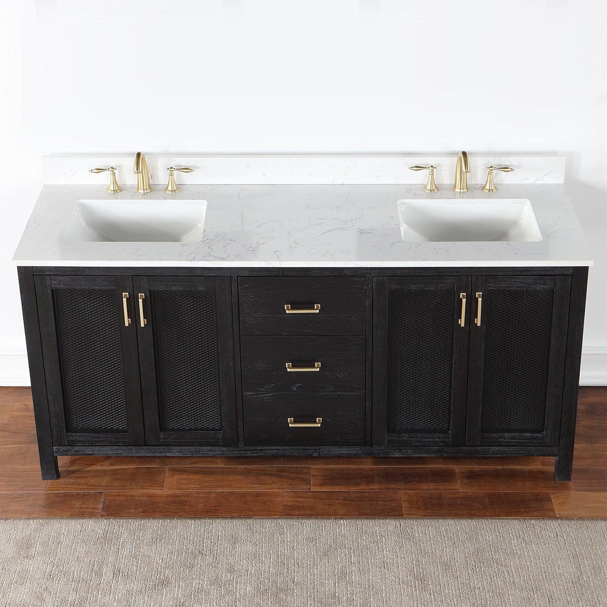 Altair Hadiya 72" Double Black Oak Freestanding Bathroom Vanity Set With Elegant Aosta White Composite Stone Top, Two Rectangular Undermount Ceramic Sinks, Overflow, and Backsplash
