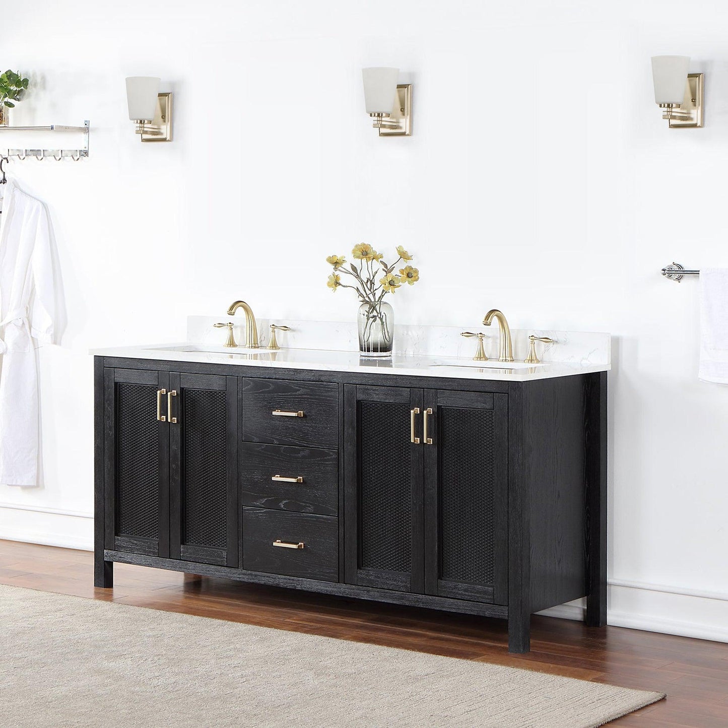 Altair Hadiya 72" Double Black Oak Freestanding Bathroom Vanity Set With Elegant Aosta White Composite Stone Top, Two Rectangular Undermount Ceramic Sinks, Overflow, and Backsplash