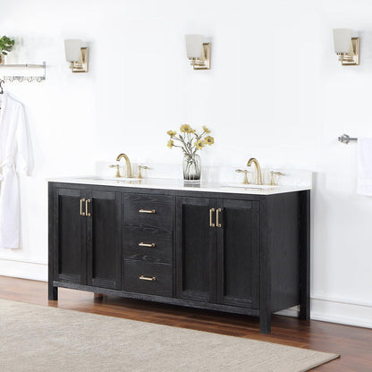 Altair Hadiya 72" Double Black Oak Freestanding Bathroom Vanity Set With Elegant Aosta White Composite Stone Top, Two Rectangular Undermount Ceramic Sinks, Overflow, and Backsplash