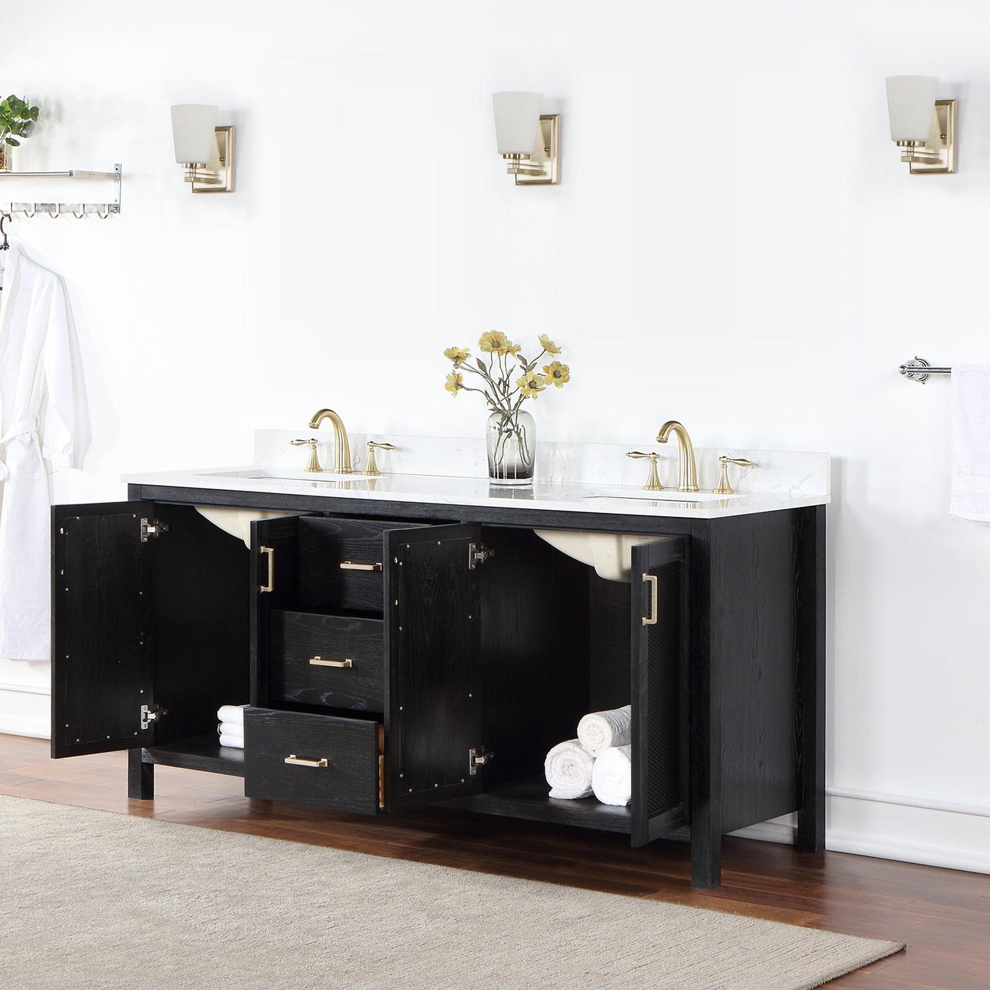 Altair Hadiya 72" Double Black Oak Freestanding Bathroom Vanity Set With Elegant Aosta White Composite Stone Top, Two Rectangular Undermount Ceramic Sinks, Overflow, and Backsplash