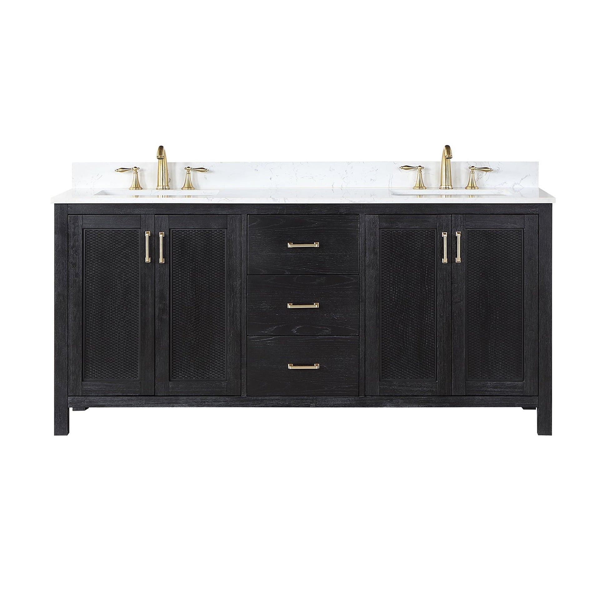 Altair Hadiya 72" Double Black Oak Freestanding Bathroom Vanity Set With Elegant Aosta White Composite Stone Top, Two Rectangular Undermount Ceramic Sinks, Overflow, and Backsplash