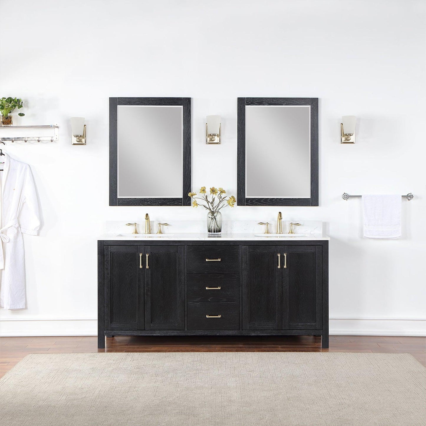 Altair Hadiya 72" Double Black Oak Freestanding Bathroom Vanity Set With Mirror, Elegant Aosta White Composite Stone Top, Two Rectangular Undermount Ceramic Sinks, Overflow, and Backsplash