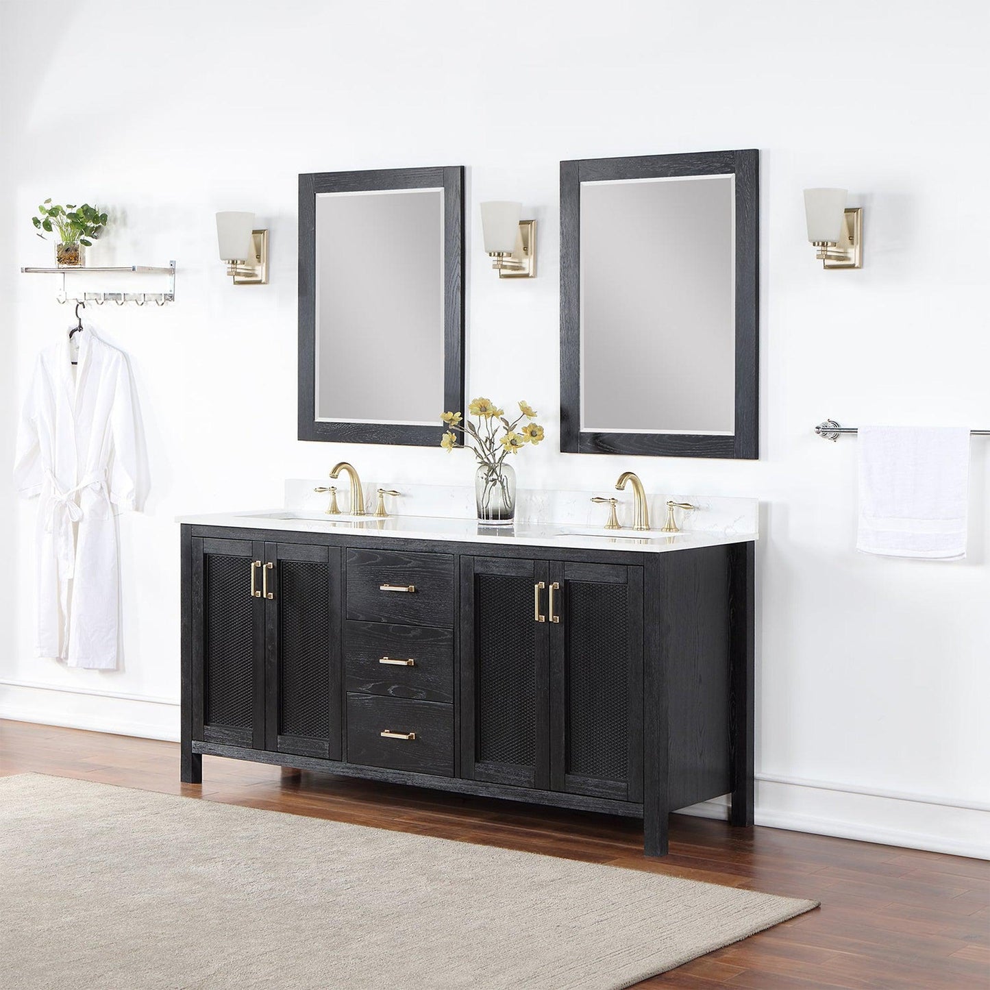 Altair Hadiya 72" Double Black Oak Freestanding Bathroom Vanity Set With Mirror, Elegant Aosta White Composite Stone Top, Two Rectangular Undermount Ceramic Sinks, Overflow, and Backsplash