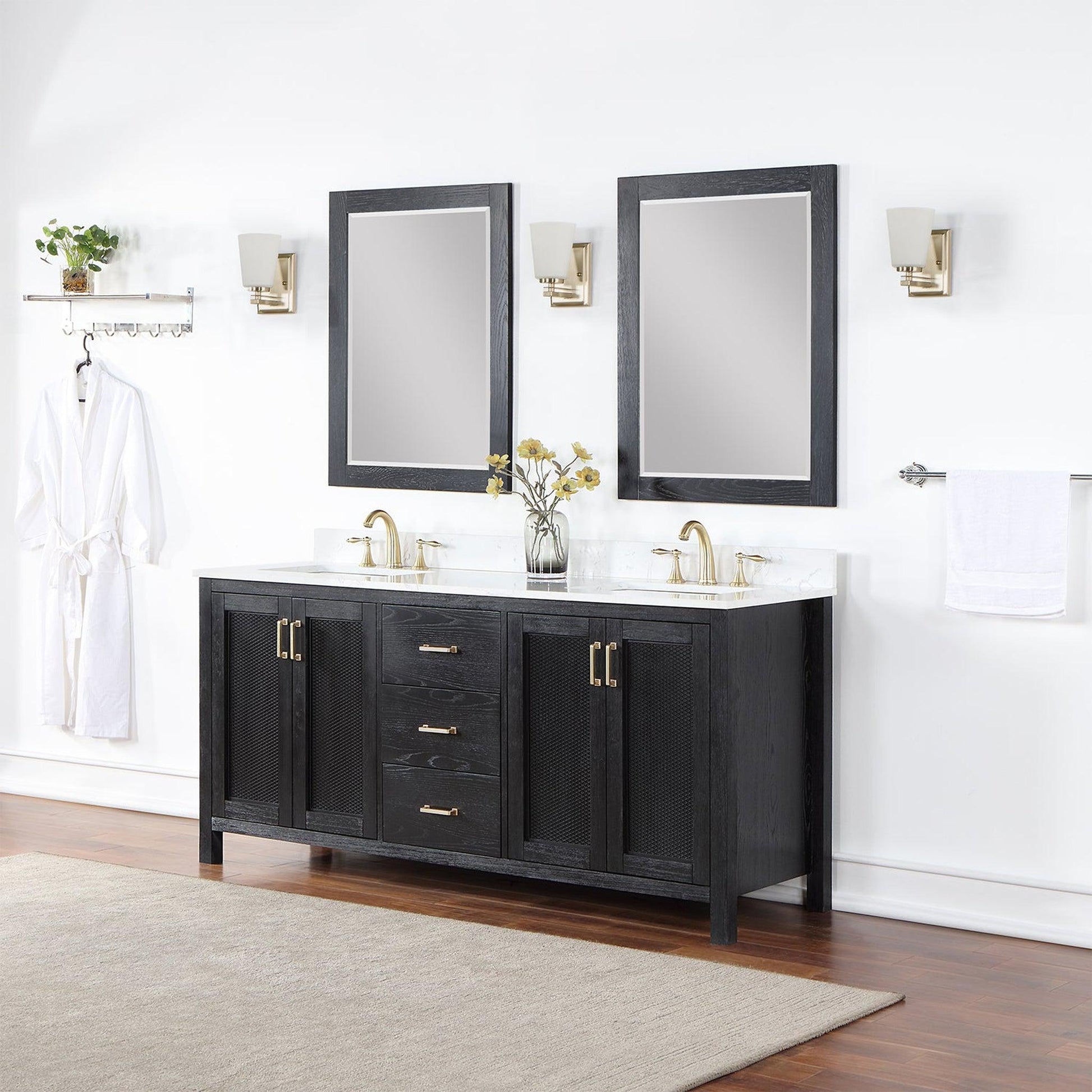 Altair Hadiya 72" Double Black Oak Freestanding Bathroom Vanity Set With Mirror, Elegant Aosta White Composite Stone Top, Two Rectangular Undermount Ceramic Sinks, Overflow, and Backsplash