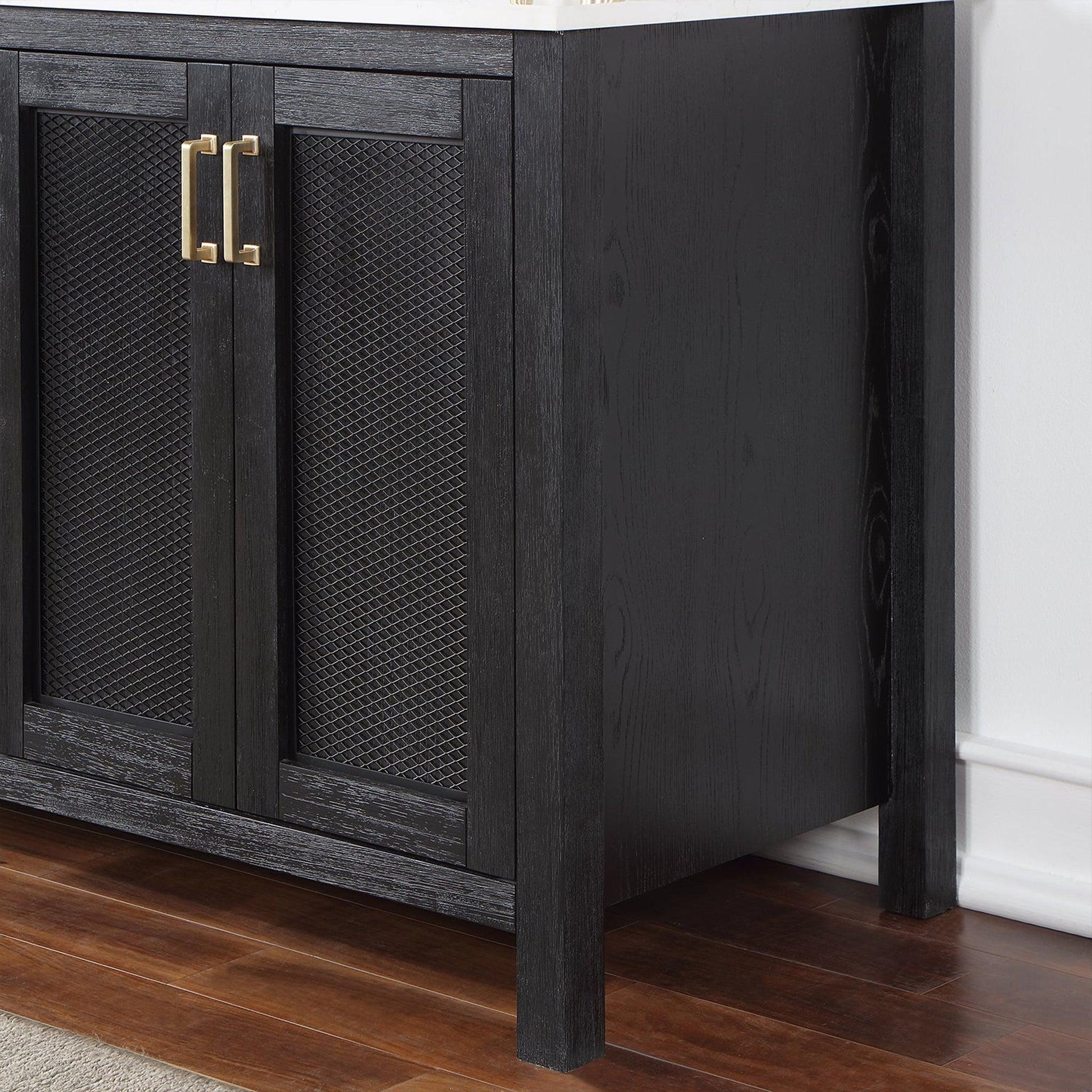 Altair Hadiya 72" Double Black Oak Freestanding Bathroom Vanity Set With Mirror, Elegant Aosta White Composite Stone Top, Two Rectangular Undermount Ceramic Sinks, Overflow, and Backsplash