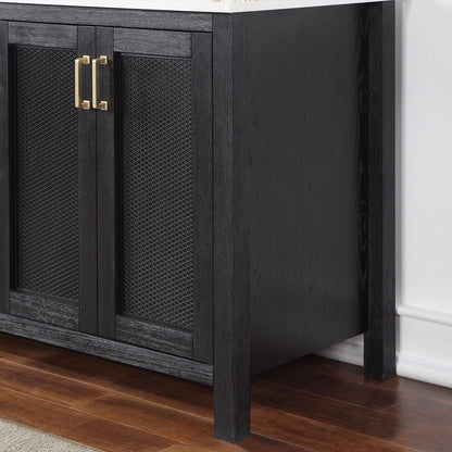 Altair Hadiya 72" Double Black Oak Freestanding Bathroom Vanity Set With Mirror, Elegant Aosta White Composite Stone Top, Two Rectangular Undermount Ceramic Sinks, Overflow, and Backsplash