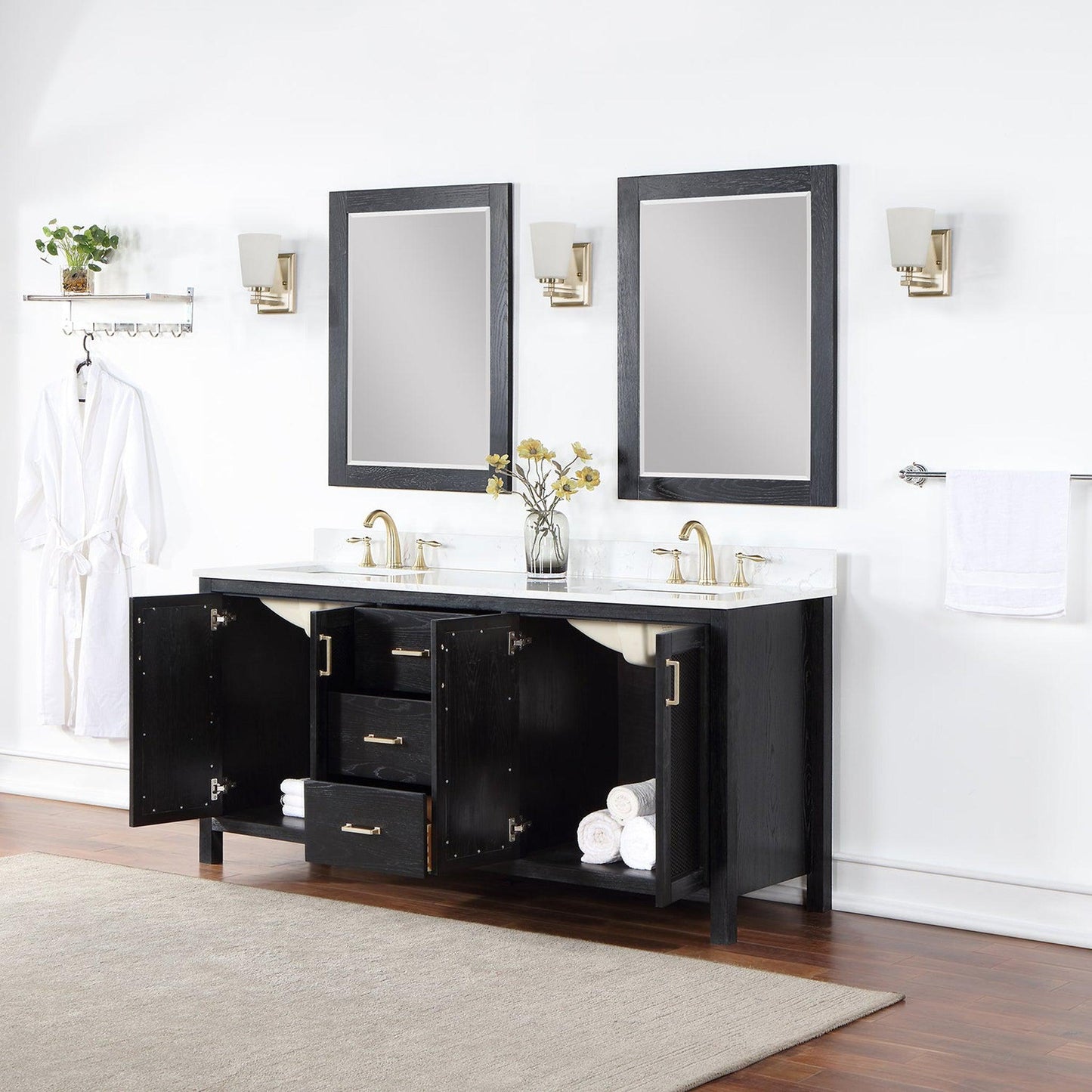 Altair Hadiya 72" Double Black Oak Freestanding Bathroom Vanity Set With Mirror, Elegant Aosta White Composite Stone Top, Two Rectangular Undermount Ceramic Sinks, Overflow, and Backsplash