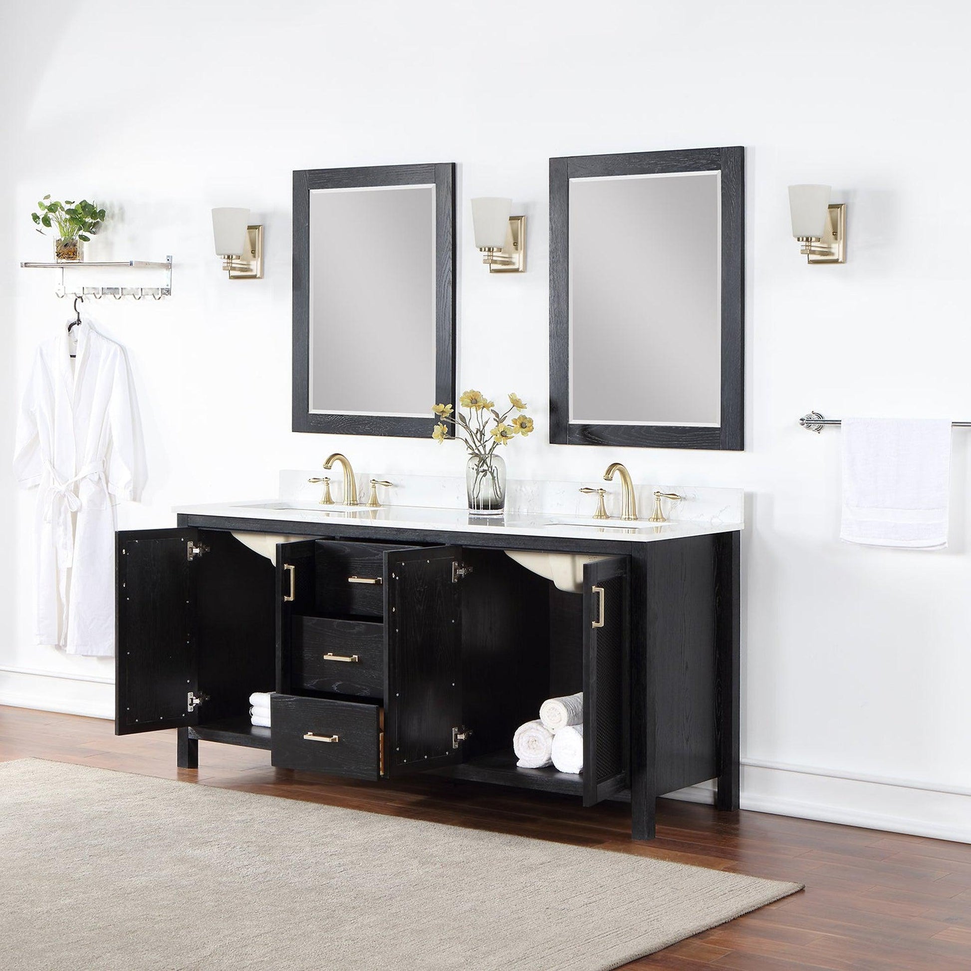 Altair Hadiya 72" Double Black Oak Freestanding Bathroom Vanity Set With Mirror, Elegant Aosta White Composite Stone Top, Two Rectangular Undermount Ceramic Sinks, Overflow, and Backsplash