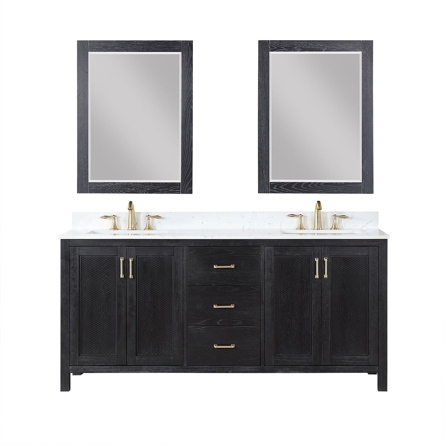 Altair Hadiya 72" Double Black Oak Freestanding Bathroom Vanity Set With Mirror, Elegant Aosta White Composite Stone Top, Two Rectangular Undermount Ceramic Sinks, Overflow, and Backsplash