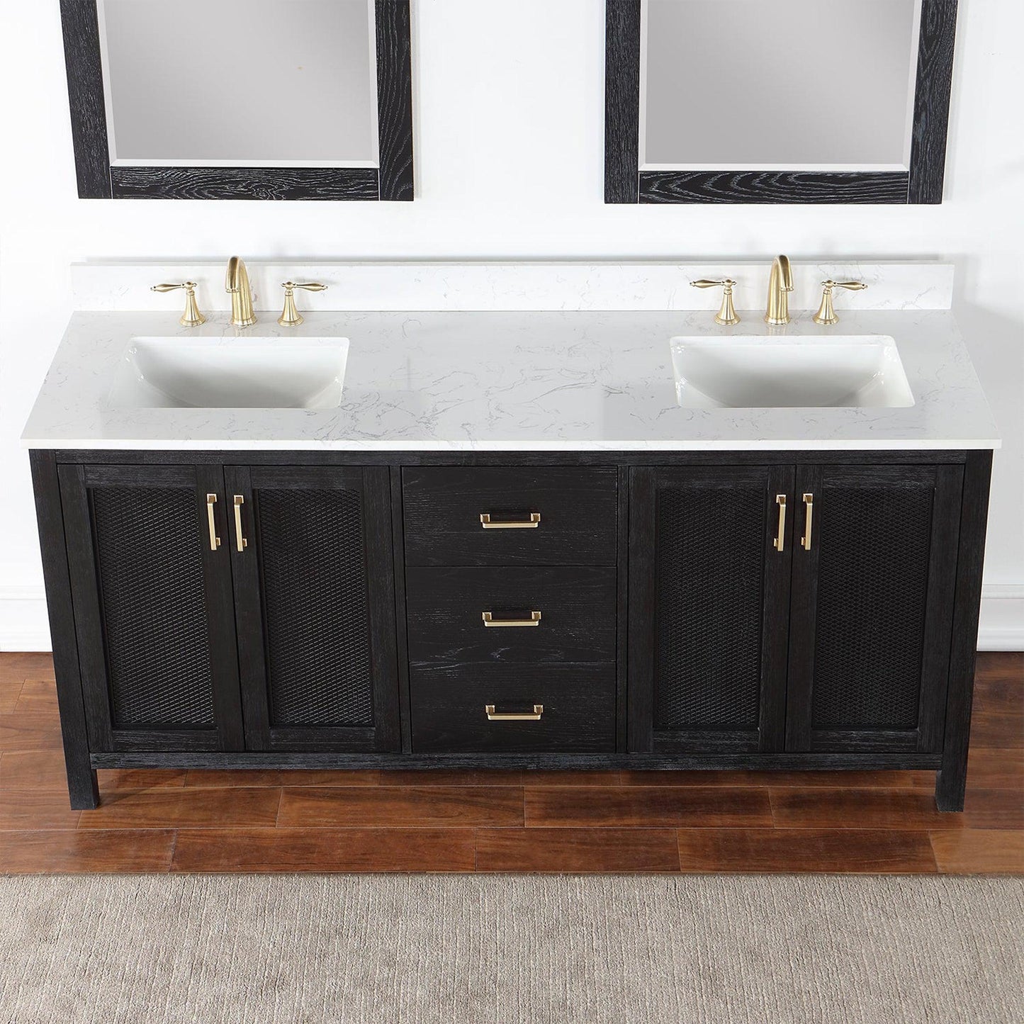 Altair Hadiya 72" Double Black Oak Freestanding Bathroom Vanity Set With Mirror, Elegant Aosta White Composite Stone Top, Two Rectangular Undermount Ceramic Sinks, Overflow, and Backsplash