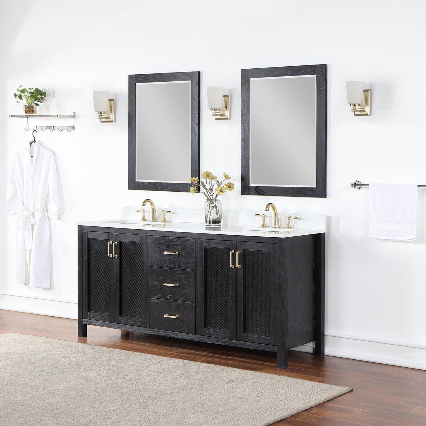 Altair Hadiya 72" Double Black Oak Freestanding Bathroom Vanity Set With Mirror, Elegant Aosta White Composite Stone Top, Two Rectangular Undermount Ceramic Sinks, Overflow, and Backsplash