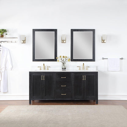 Altair Hadiya 72" Double Black Oak Freestanding Bathroom Vanity Set With Mirror, Elegant Aosta White Composite Stone Top, Two Rectangular Undermount Ceramic Sinks, Overflow, and Backsplash