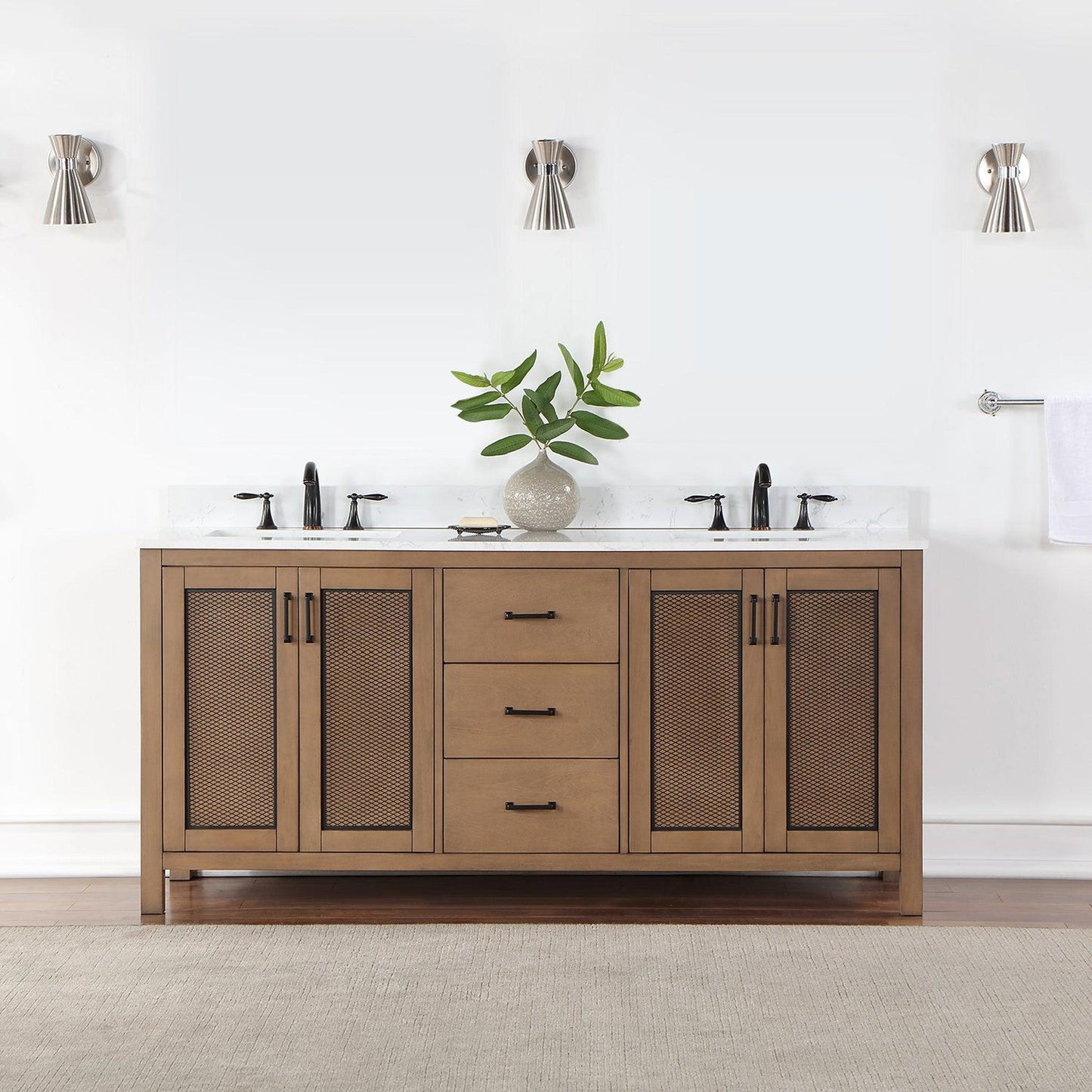 Altair Hadiya 72" Double Brown Pine Freestanding Bathroom Vanity Set With Elegant Aosta White Composite Stone Top, Two Rectangular Undermount Ceramic Sinks, Overflow, and Backsplash