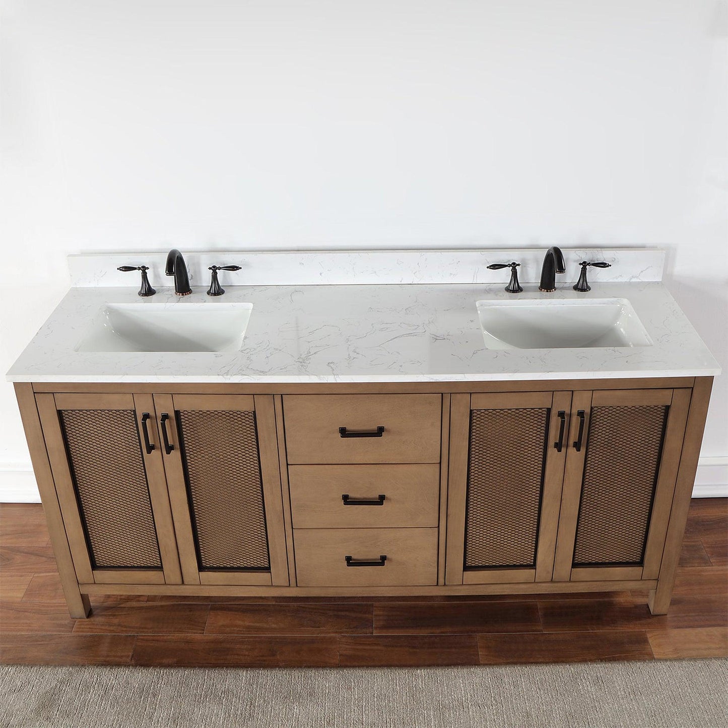 Altair Hadiya 72" Double Brown Pine Freestanding Bathroom Vanity Set With Elegant Aosta White Composite Stone Top, Two Rectangular Undermount Ceramic Sinks, Overflow, and Backsplash