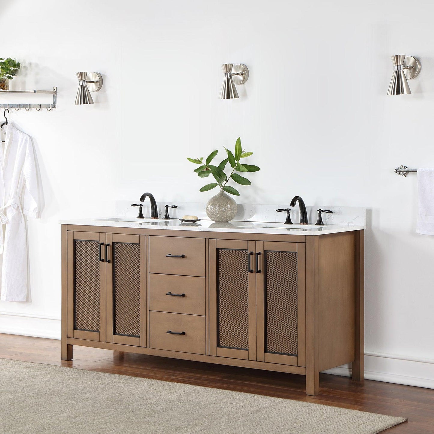 Altair Hadiya 72" Double Brown Pine Freestanding Bathroom Vanity Set With Elegant Aosta White Composite Stone Top, Two Rectangular Undermount Ceramic Sinks, Overflow, and Backsplash