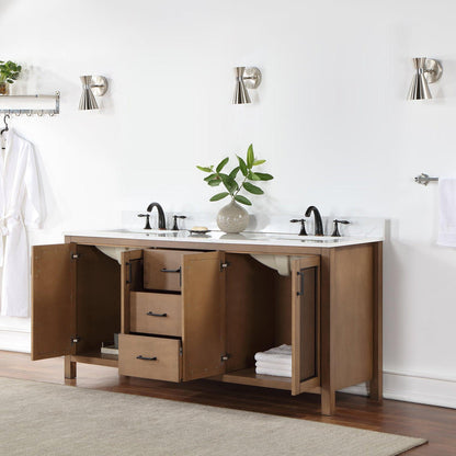 Altair Hadiya 72" Double Brown Pine Freestanding Bathroom Vanity Set With Elegant Aosta White Composite Stone Top, Two Rectangular Undermount Ceramic Sinks, Overflow, and Backsplash