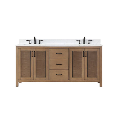 Altair Hadiya 72" Double Brown Pine Freestanding Bathroom Vanity Set With Elegant Aosta White Composite Stone Top, Two Rectangular Undermount Ceramic Sinks, Overflow, and Backsplash