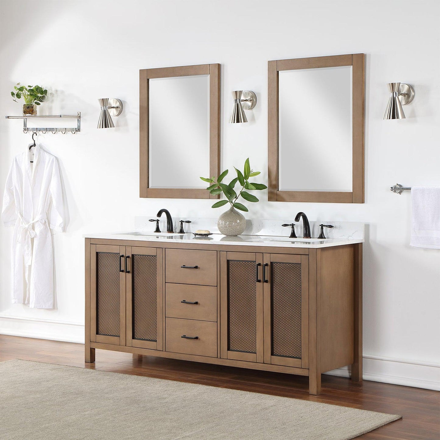 Altair Hadiya 72" Double Brown Pine Freestanding Bathroom Vanity Set With Mirror, Elegant Aosta White Composite Stone Top, Two Rectangular Undermount Ceramic Sinks, Overflow, and Backsplash