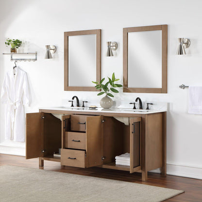 Altair Hadiya 72" Double Brown Pine Freestanding Bathroom Vanity Set With Mirror, Elegant Aosta White Composite Stone Top, Two Rectangular Undermount Ceramic Sinks, Overflow, and Backsplash