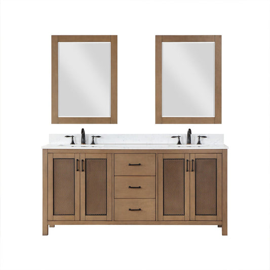 Altair Hadiya 72" Double Brown Pine Freestanding Bathroom Vanity Set With Mirror, Elegant Aosta White Composite Stone Top, Two Rectangular Undermount Ceramic Sinks, Overflow, and Backsplash