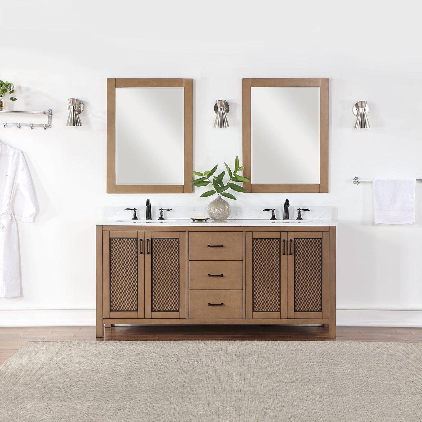 Altair Hadiya 72" Double Brown Pine Freestanding Bathroom Vanity Set With Mirror, Elegant Aosta White Composite Stone Top, Two Rectangular Undermount Ceramic Sinks, Overflow, and Backsplash