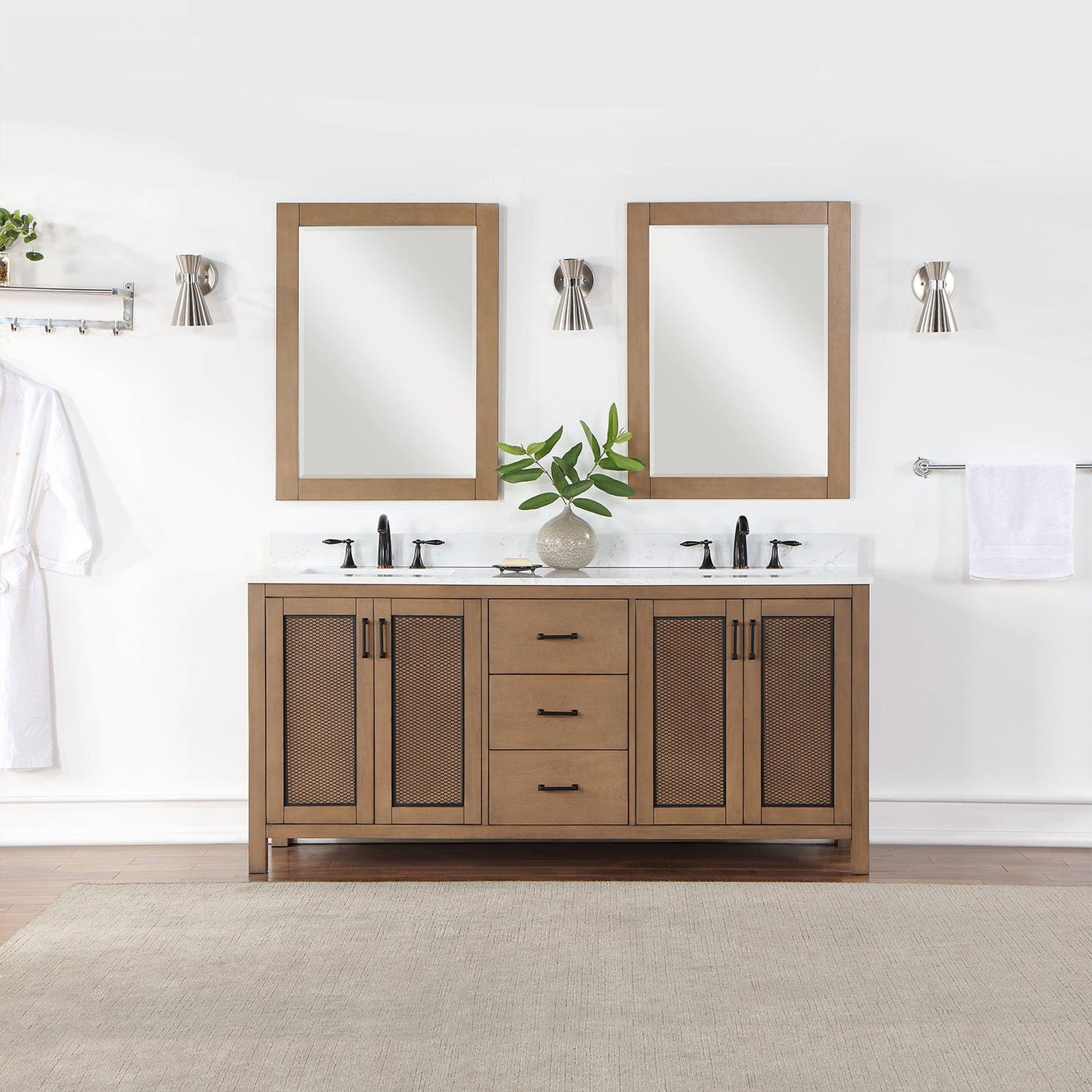 Altair Hadiya 72" Double Brown Pine Freestanding Bathroom Vanity Set With Mirror, Elegant Aosta White Composite Stone Top, Two Rectangular Undermount Ceramic Sinks, Overflow, and Backsplash