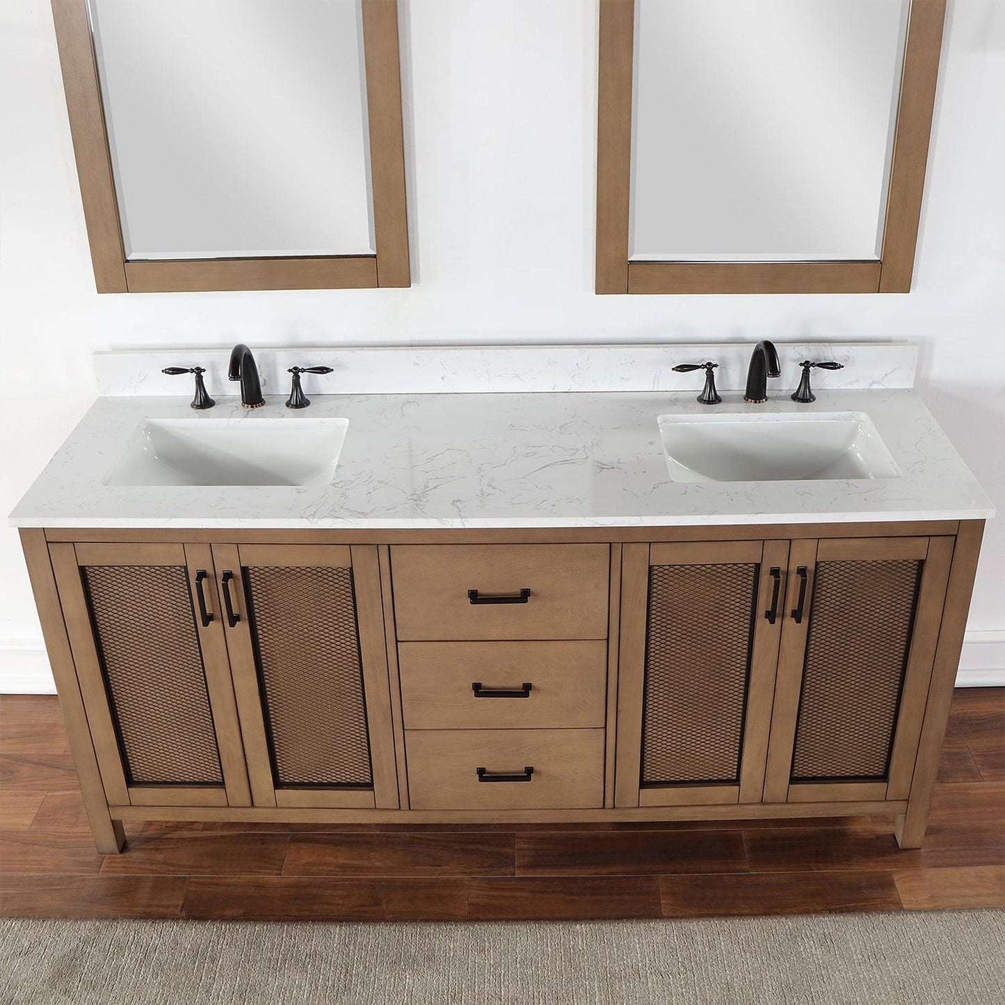 Altair Hadiya 72" Double Brown Pine Freestanding Bathroom Vanity Set With Mirror, Elegant Aosta White Composite Stone Top, Two Rectangular Undermount Ceramic Sinks, Overflow, and Backsplash